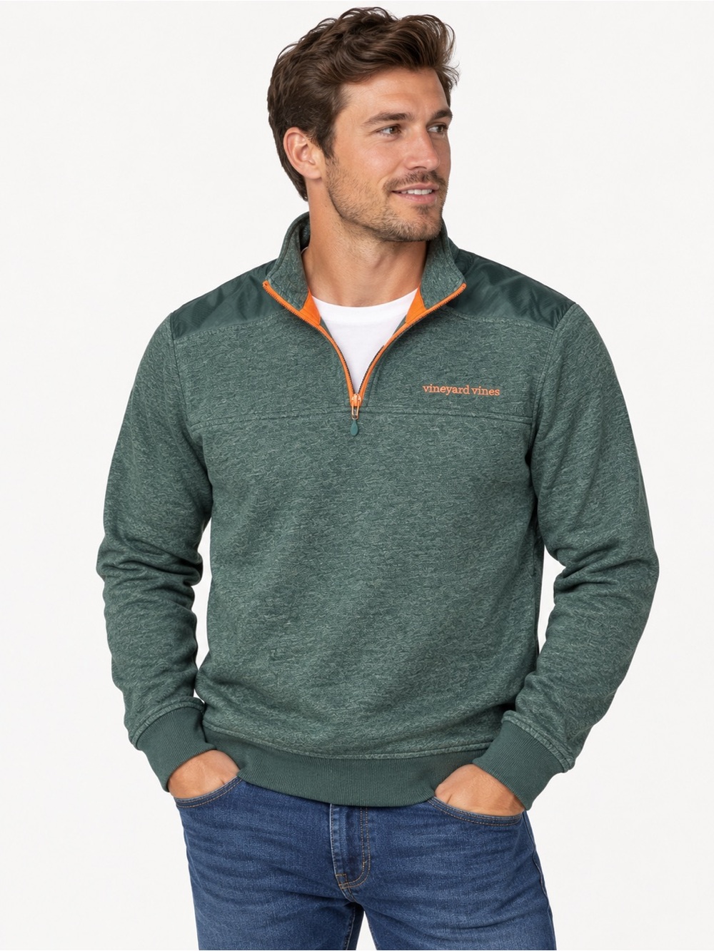 Vineyard Vines Men’s 1/4 Zip Pullover Sweater Green Orange Size Medium
